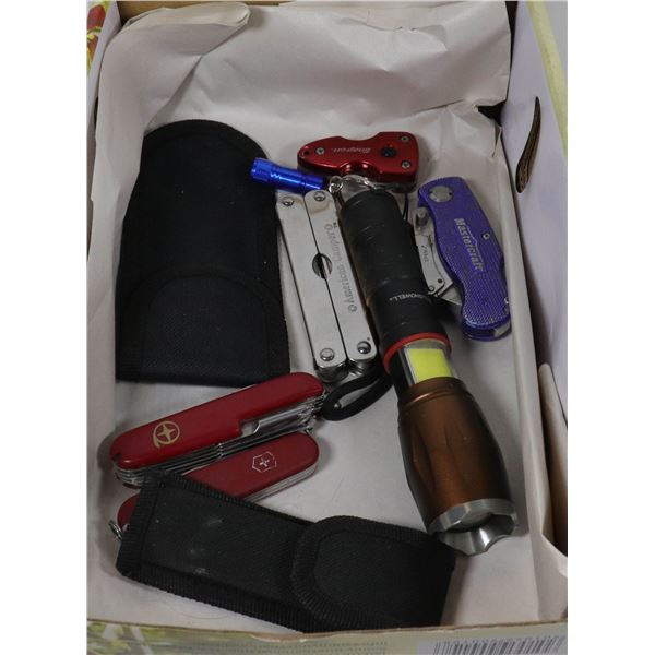 BOX OF KNIVES, MULTI-TOOL AND FLASHLIGHTS INCL.