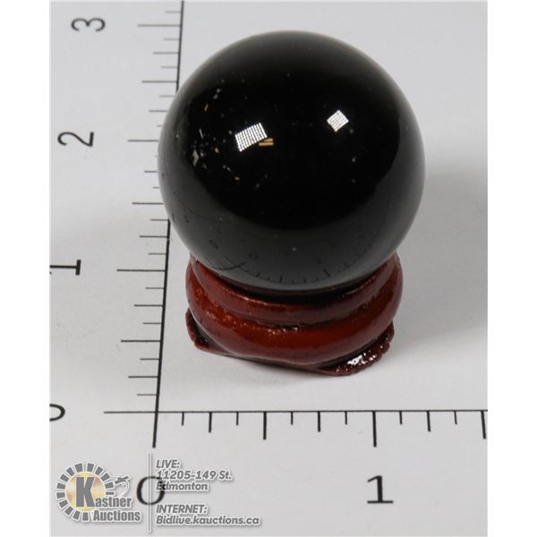 #277-BLACK OBSIDIAN SPHERE BALL + STAND 29.8mm