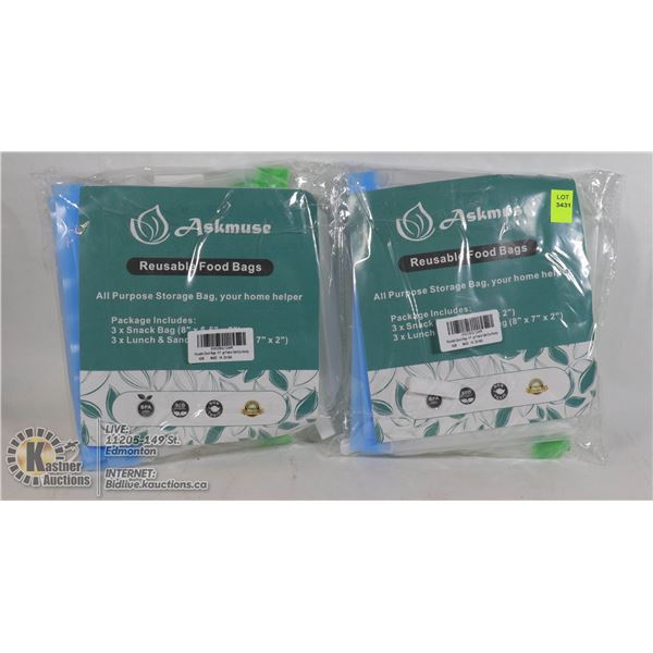 2 SETS OF 6 REUSABLE FOOD BAGS