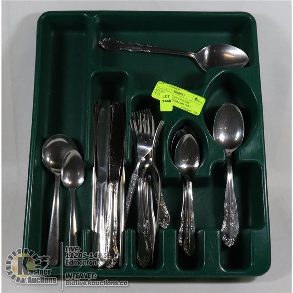 STAINLESS STEEL CUTLERY W/GREEN RUBBERMAID TRAY