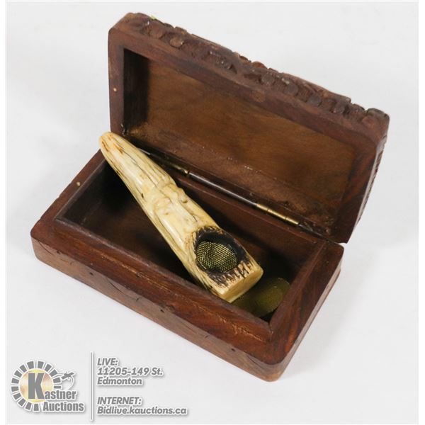 VINTAGE HAND CARVED BONE PIPE IN CARVED WOODEN