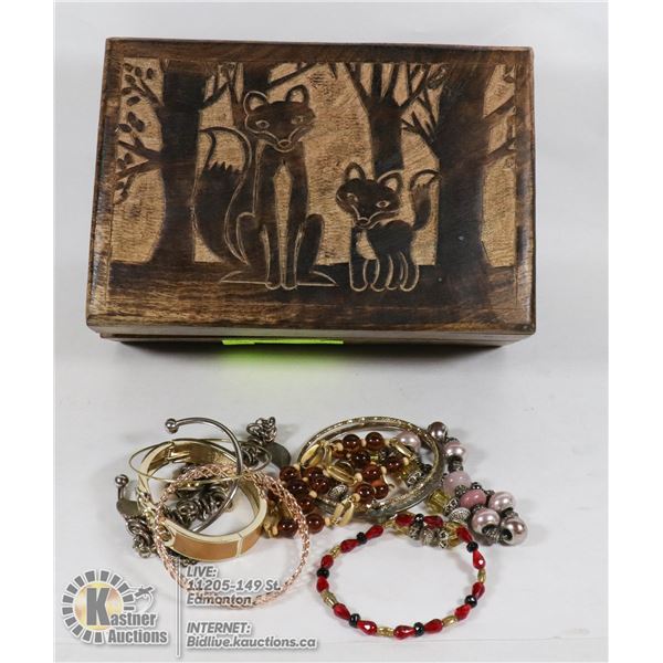 WOOD CARVED FOX BOX WITH JEWELERY