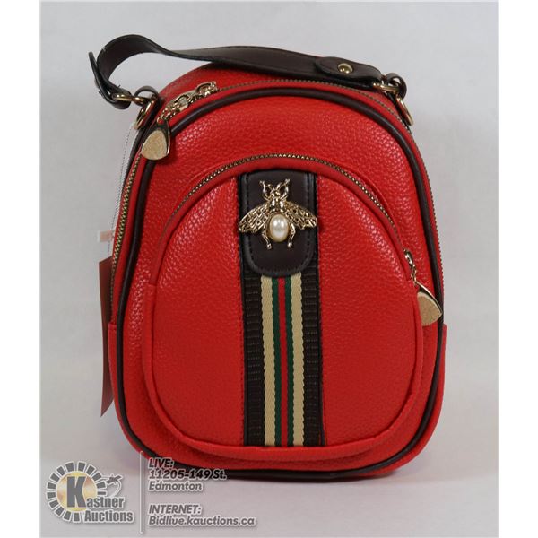 RED LEATHER BACKPACK STYLE PURSE