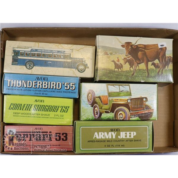 BOX OF AVON COLLECTIBLE CARS AND MORE