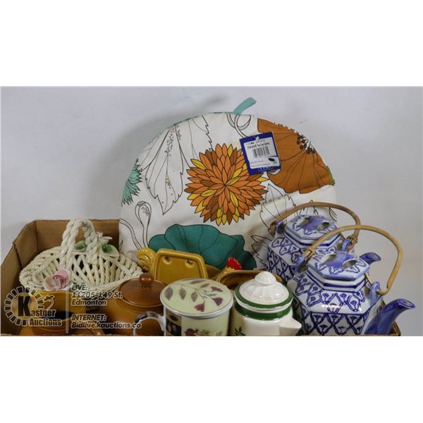 BOX OF VINTAGE TEA ITEMS AND MORE