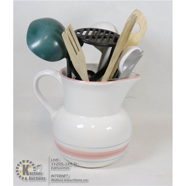 MADE IN ITALY SIGNED PITCHER W/UTENSILS