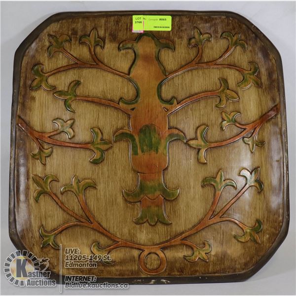 LARGE WOOD DECORATIVE PLATE, APPROX 20 X 20