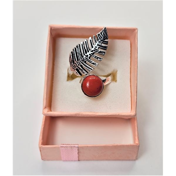 19)  RED CORAL AND LEAF BY PASS RING SET IN 925 STAMPED SILVER,  SIZE 8.  JEWELLERY