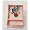 Image 1 : 19)  RED CORAL AND LEAF BY PASS RING SET IN 925 STAMPED SILVER,  SIZE 8.  JEWELLERY