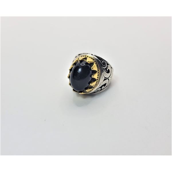 20)  GOLD AND SILVER TONE WITH OVAL LAB CREATED TOPAZ RING,  SIZE 8.  JEWELLERY