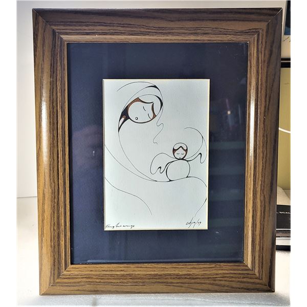 33)  FRAMED AND MATTED UNDER GLASS PEN AND INK DRAWING SIGNED BY THE ARTIST DAPHNE ODJIG FROM 1979, 