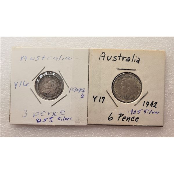 5)  LOT OF 2 AUSTRALIAN COINS, 3 PENCE DATED 1944 AND 6 PENCE DATED 1942, 925 SILVER CONTENT.  CURRE