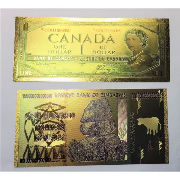 15)  LOT OF 2 COLORIZED GOLD FOIL BANKNOTES, CANADA $1.00 AND BANK OF ZIMBABWE ONE HUNDRED TRILLION 