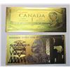 Image 1 : 15)  LOT OF 2 COLORIZED GOLD FOIL BANKNOTES, CANADA $1.00 AND BANK OF ZIMBABWE ONE HUNDRED TRILLION 