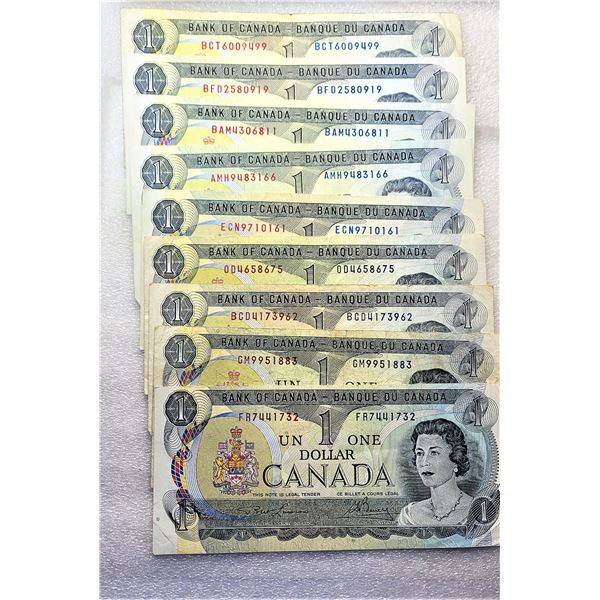 13)  LOT OF 10 CANADIAN 1973 $1.00 BILLS CURRENCY