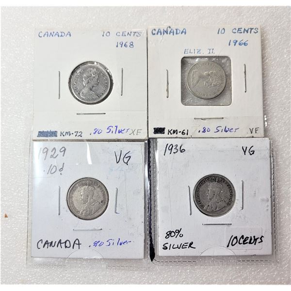 4)  LOT OF 4 CANADIAN DIMES, 1966 & 1968, 1929 & 1936, 80% SILVER.  CURRENCY
