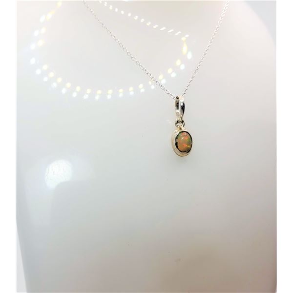 21)  NATURAL OVAL AUSRALIAN FIRE OPAL PENDANT SET IN 925 STERLING SILVER AND 18" STERLING SILVER CHA