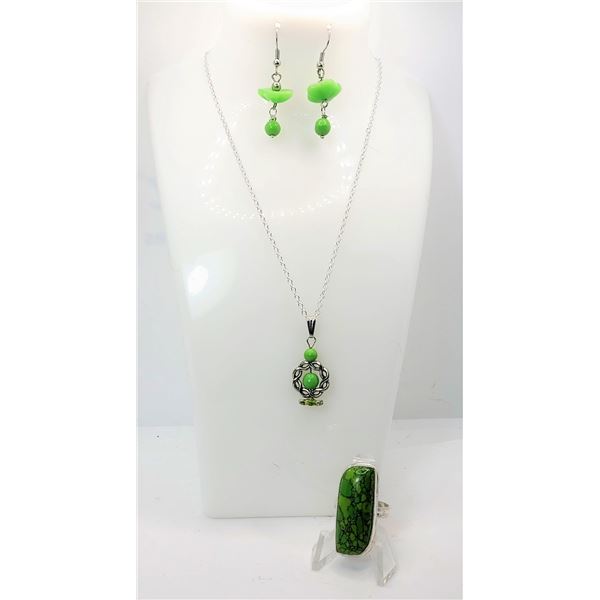 27)  ELONGATED RECTANGULAR SNAKESKIN JASPER RING SET IN 925 STAMPED SILVER,  SIZR 8 & COORDINATING P