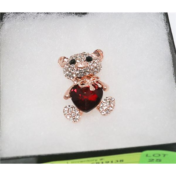 TEDDY BEAR HEART SHAPED RHINESTONE BROOCH