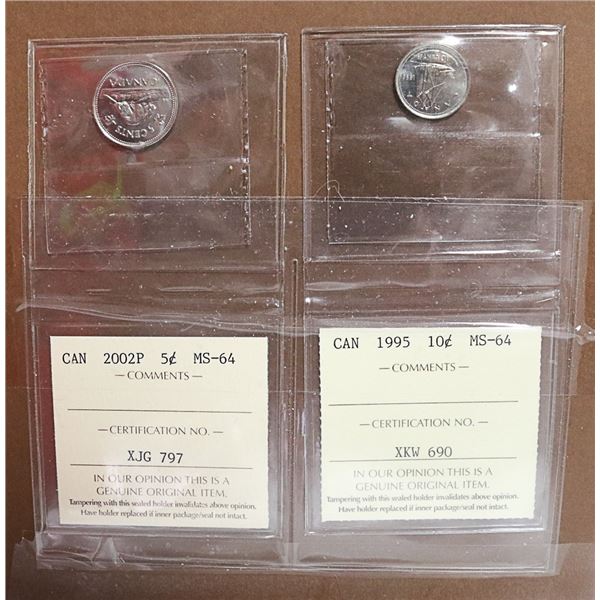 ICCS 2000P $.05 + 1995 $.10 GRADED MS-64 CANADA