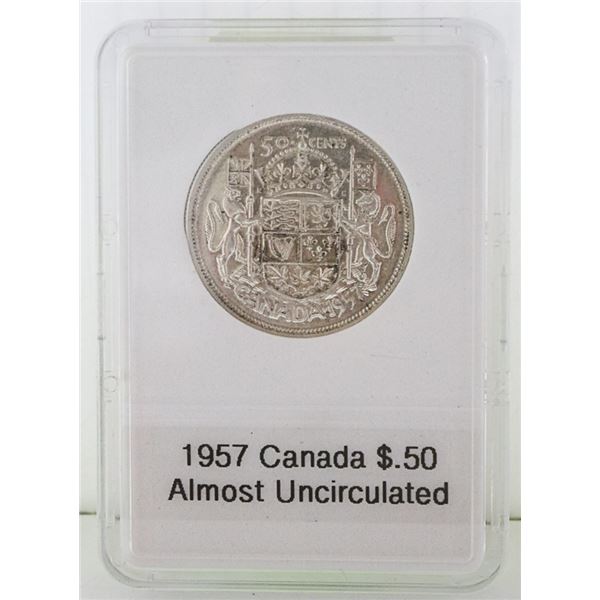 1957 CANADA SILVER 1/2 DOLLAR, ALMOST UNCIRCULATED