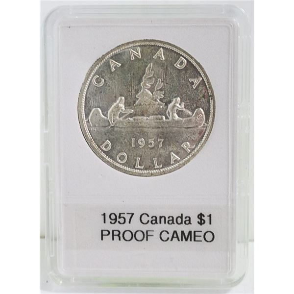 CAN. 1957 SILVER $1, PROOF CAMEO, 3 WL VARIETY