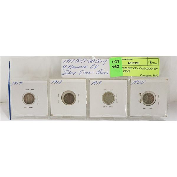 1917-18-19-20 SET OF 4 CANADIAN GV SILVER 5 CENT