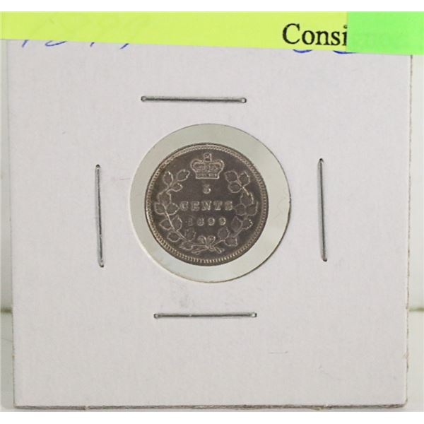 1899 CANADIAN QUEEN VICTORIA SILVER 5 CENT COIN