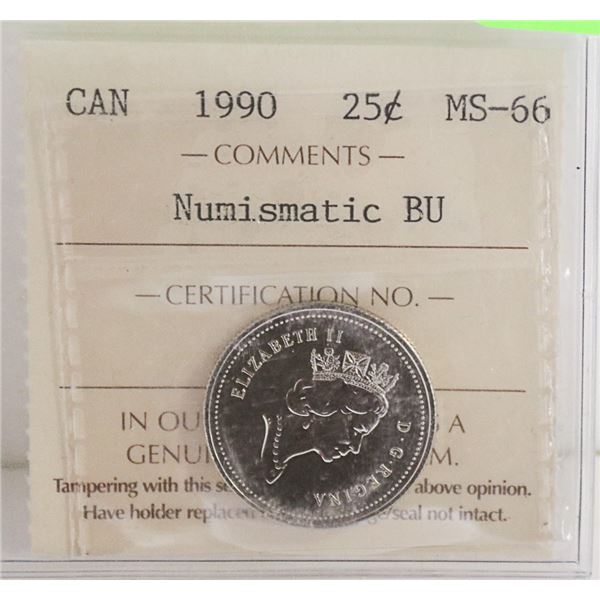 1990 CANADIAN QEII 25 CENT CERTIFIED ICCS MS-66