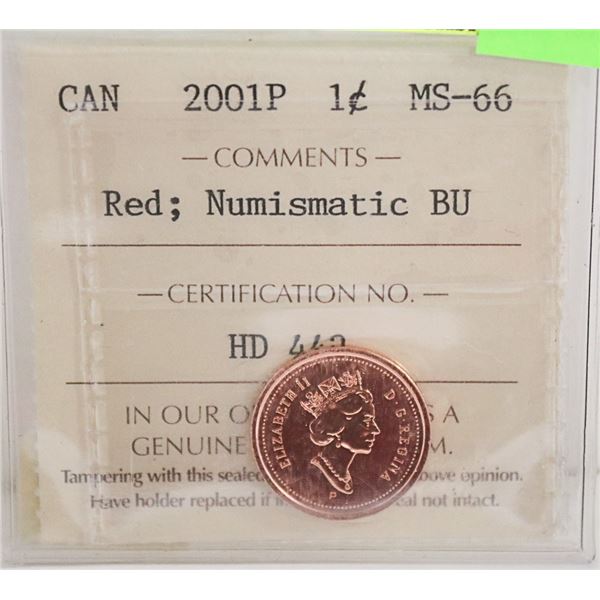 2001 CANADIAN QEII 1 CENT COIN CERT ICCS MS-66 RED