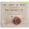 Image 1 : 2001 CANADIAN QEII 1 CENT COIN CERT ICCS MS-66 RED
