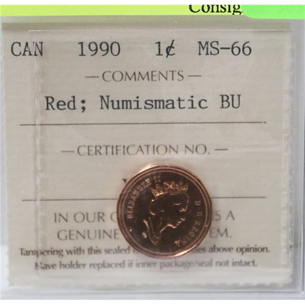 1990 CANADIAN QEII 1 CENT CERTIFIED ICCS MS-66 RED