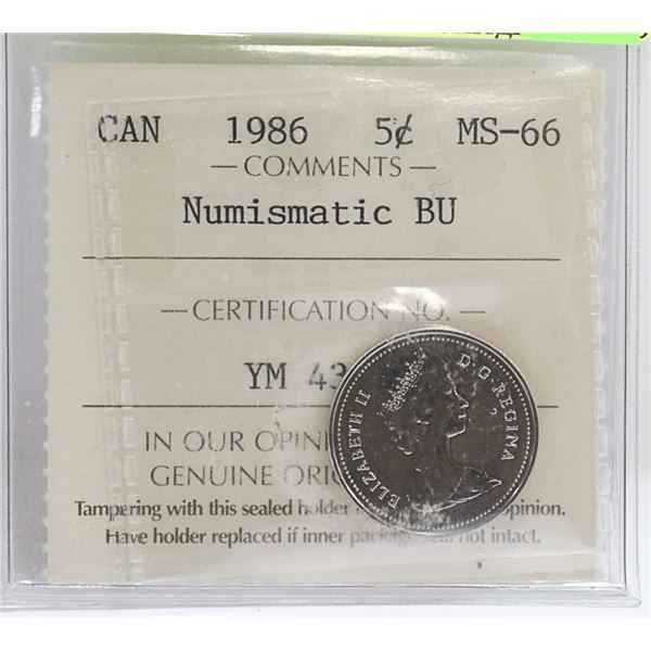 1986 CANADIAN QEII 5 CENT CERTIFIED ICCS MS-66