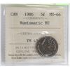 Image 1 : 1986 CANADIAN QEII 5 CENT CERTIFIED ICCS MS-66