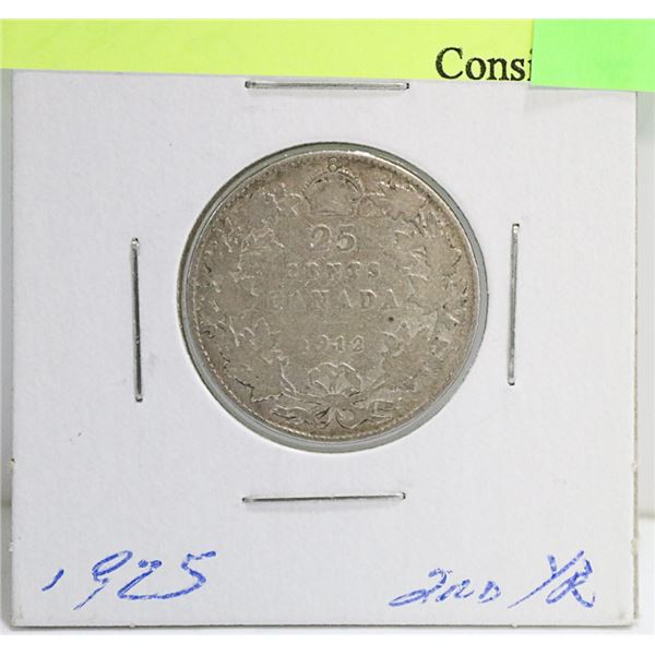 1912 CANADIAN GV .925 SILVER 25 CENT COIN