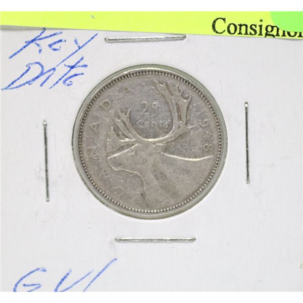 KEY DATE 1948 CANADIAN GVI SILVER 25 CENT COIN