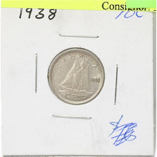 LOW MINTAGE 1938 CANADIAN GVI SILVER 10 CENT COIN