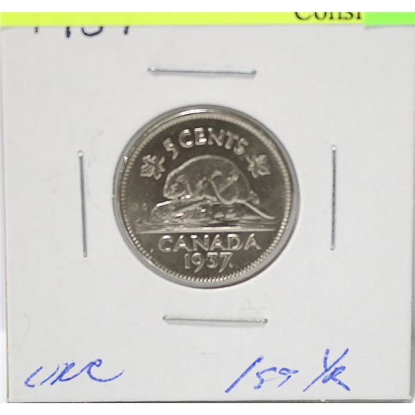 1937 DOT CANADIAN GEORGE VI 5 CENT COIN ABOUT
