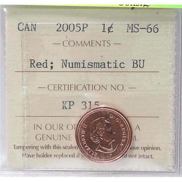 2005 P CANADIAN QEII 1 CENT COIN CERT ICCS MS-66