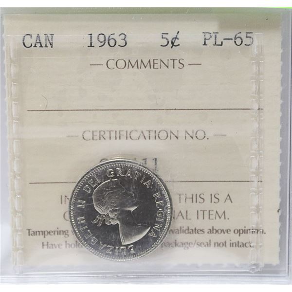 1963 CANADIAN QEII 5 CENT CERTIFIED ICCS PL-65