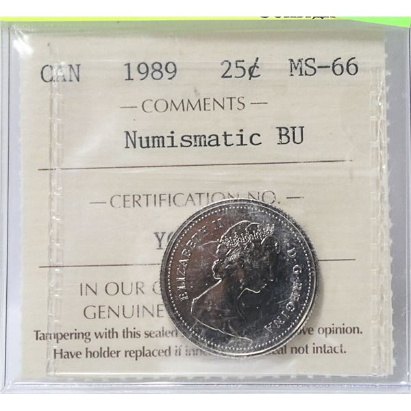 1989 CANADIAN QEII 25 CENT CERTIFIED ICCS MS-66