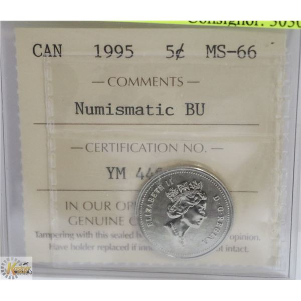 1995 CANADIAN QEII 5 CENT CERTIFIED ICCS MS-66