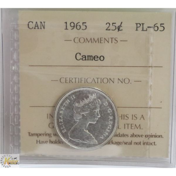 1965 CANADIAN SILVER 25 CENT COIN CERT ICCS PL-65