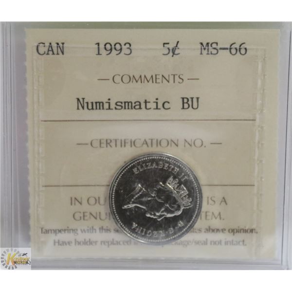 1993 CANADIAN QEII 5 CENT CERTIFIED ICCS MS-66