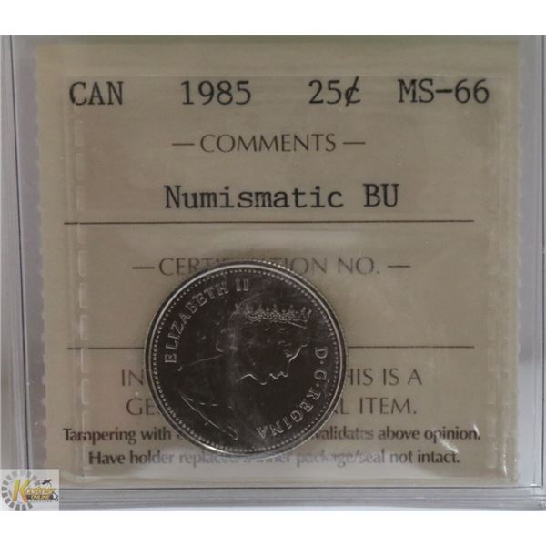 1985 CANADIAN QEII 25 CENT CERTIFIED ICCS MS-66