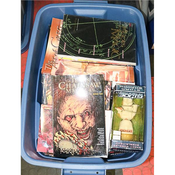 TOTE WITH GRAPHIC NOVELS AND BOBBLE HEADS