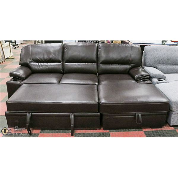 BROWN LEATHERETTE SECTIONAL WITH HIDE-A-BED