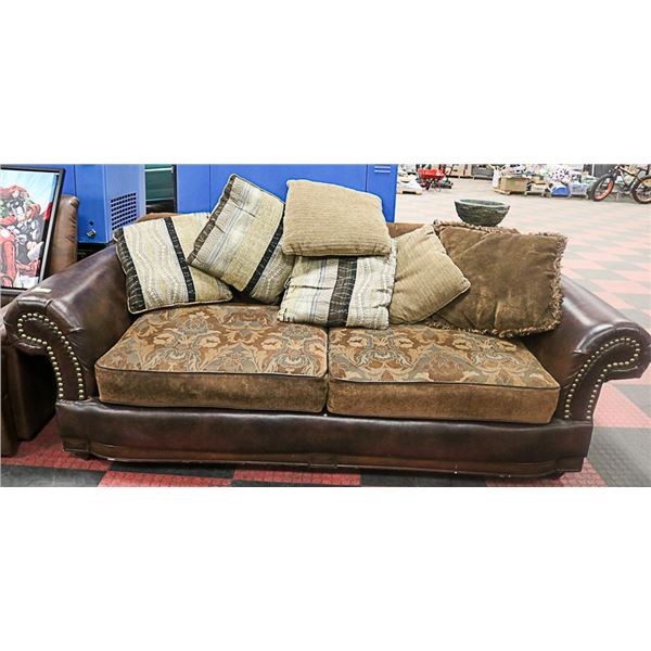 BROWN LEATHERETTE AND FABRIC COUCH