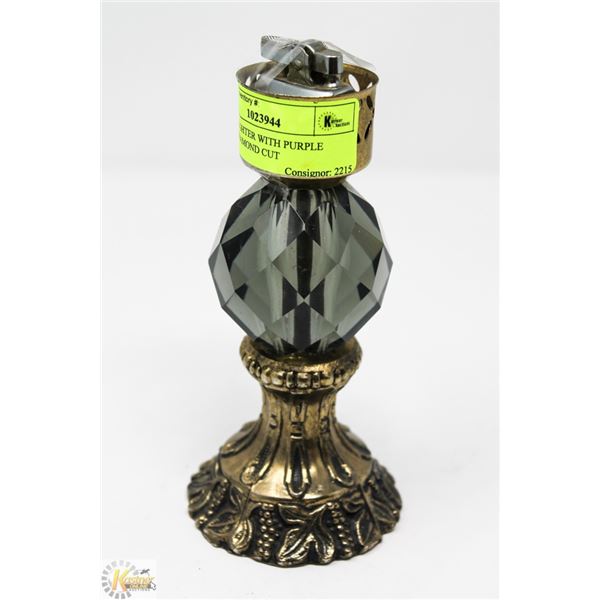 BRASS LIGHTER WITH PURPLE GLASS DIAMOND CUT