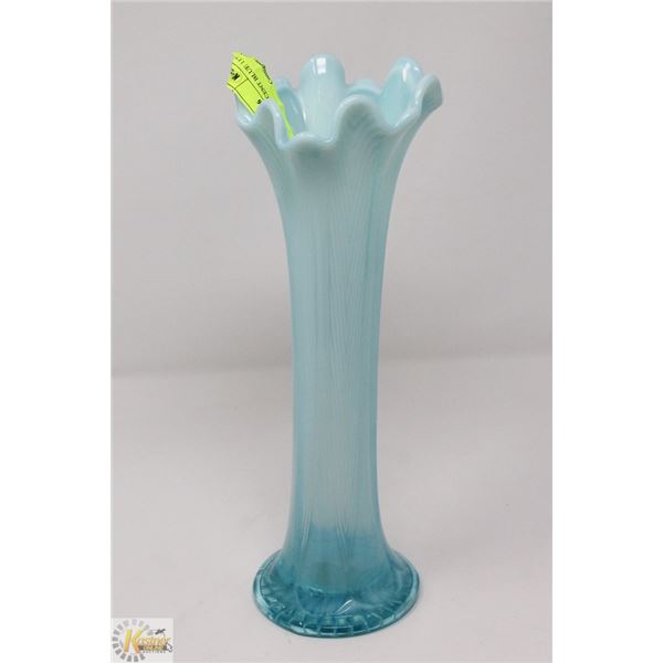 1890'S-1910'S OPALESCENT BLUE 11" VASE NO CHIPS